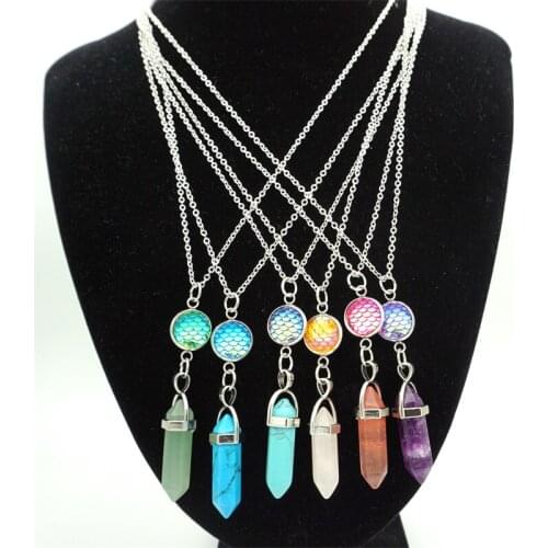 Mermaid Scales Fish Scale Necklace Hexagonal Prism Natural Stone Pendant Healing Crystal Charms Stainless Steel Chain Jewelry