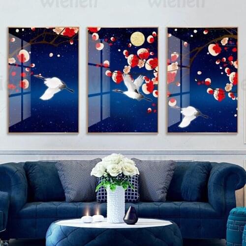 Chinese Style Landscape Home Living Room Decoration HD Print Crane Plum Blossom Moon Blue Background Canvas Painting Wall Art