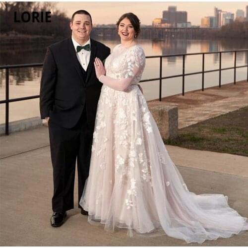 LORIE Blush Pink Wedding Dresses with Long Sleeve Elegant Lace Appliques Bridal Gowns Princess Wedding Party Dresses Beaded Belt