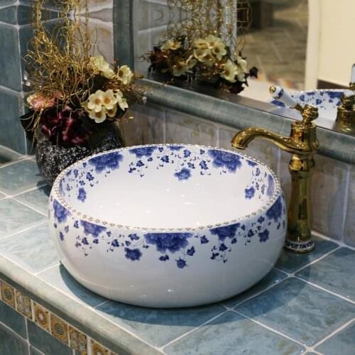 Blue and white Europe Vintage Style China Handmade Lavabo Washbasin Artistic Bathroom Sink ceramic basin vintage porcelain sink