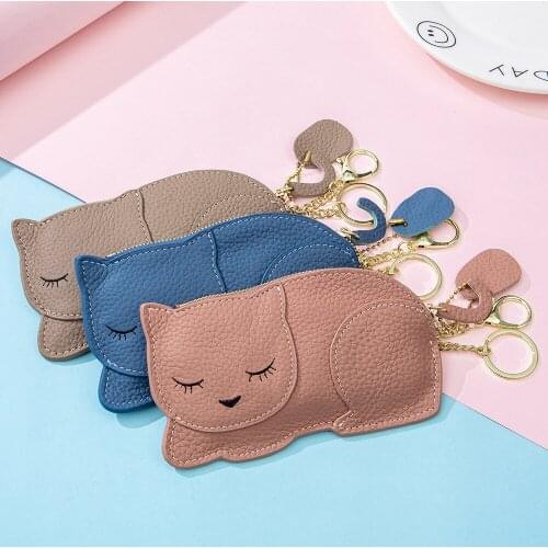 Funny Cute Cat Coin Purse Genuine Leather Mini Keychain Change Wallets Car Key Case Wallet Ultra-thin Key Chain Women Coin Bag