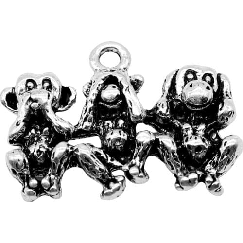 WYSIWYG 4pcs 19x25mm Charms Three Wise Monkeys Antique Silver Color Alloy DIY Jewelry Making Accessories