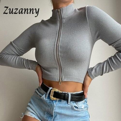 Zuzanny Zip Up Sexy T Shirts Solid Long Sleeve Crop Tops Women 2021 V Neck Rib Skinny Autumn Winter Basic Casual Womens T-Shirt