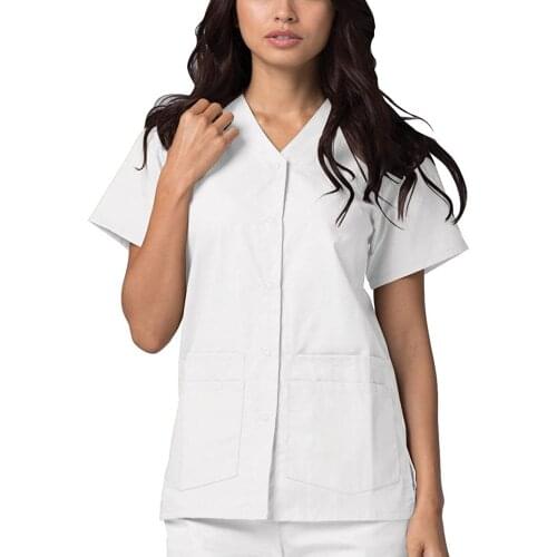 Women Nursing Working Uniform Blouse With Pockets Hospital Beauty Salon Short Sleeve V-Neck Solid Color Tops Gorro Enfermera A40