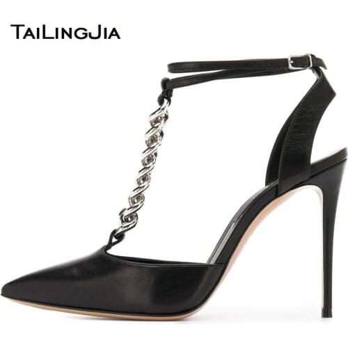 2020 Latest Pointed Toe Pumps for Women Stiletto High Heels Party Shoes Ladies Metal Chain T-Strap Pump Black Heels Large Size