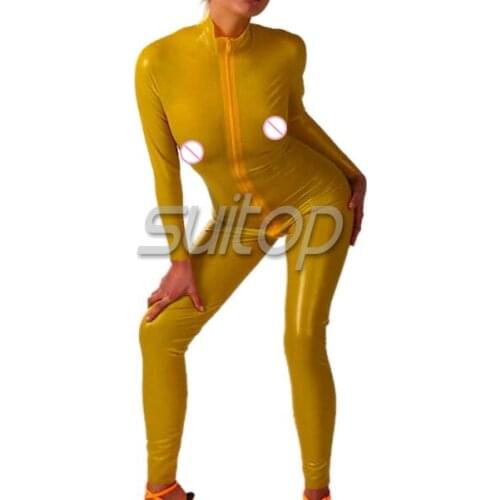Hand made latex Exotic rubber yellow jumpsuit catsuit for woman front zip 3 ways zippers