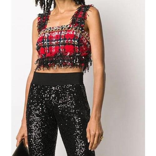HIGH STREET Newest Fashion 2021 Designer Tops Womens Sequined Tassel Plaid Tweed Camis