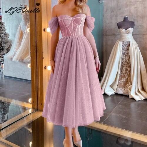 LZEQuella Women Sexy Pink Glitter Ball Gown Dress Mesh Off Shoulder High Waist Backless Party Dresses NZ3848