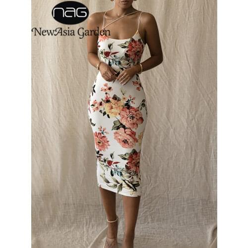 NewAsia Floral Midi Dress Women Sexy Spaghetti Straps Backless Bodycon Party Dresses Summer Slim Fit Print Long Dress 2020 New