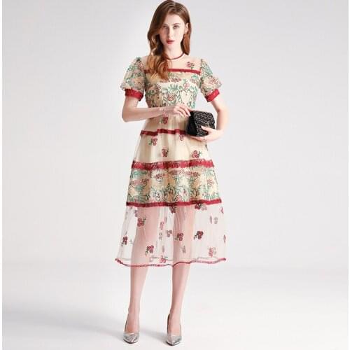 Fashion Runway Summer Flower Embroidery Dress Women Lace Mesh Puff Sleeve Dress Slim Female Elegant Midi Party Dresses k8588