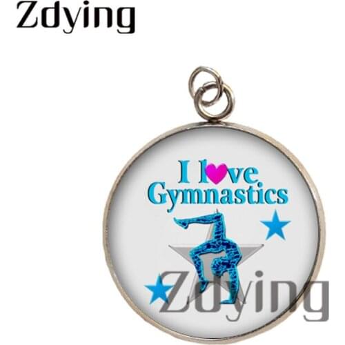 Zdying 2pcs Fashion Stainless Steel I Love Gymnastics Pendants Glass Cabochon Art Picture Dome Charms Jewelry Accessories GM006