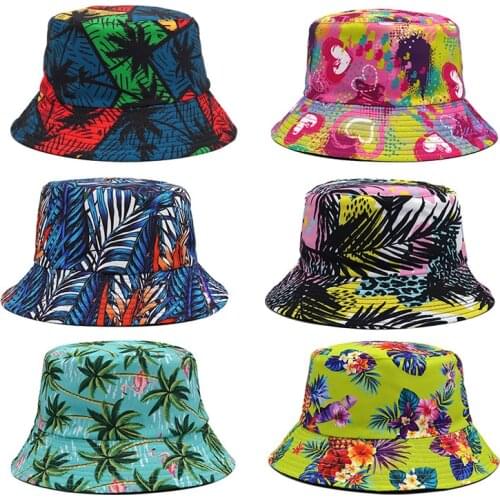 2021 Spring Summer Foldable Coconut Tree Flower Printed Fisherman Caps Panama Bucket Hat Men Women Hip Hop Cotton Hats