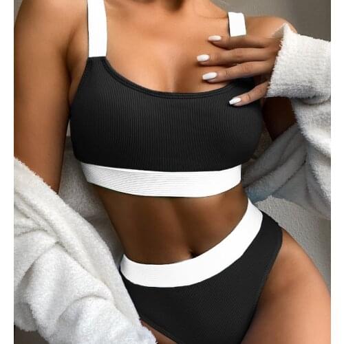 High Waist Bikinis 2021 Mujer Swimsuits Bandeau Swimwear Women Patchwork Biquini Beachwear Sports Ribbed Beach Bathing Suits