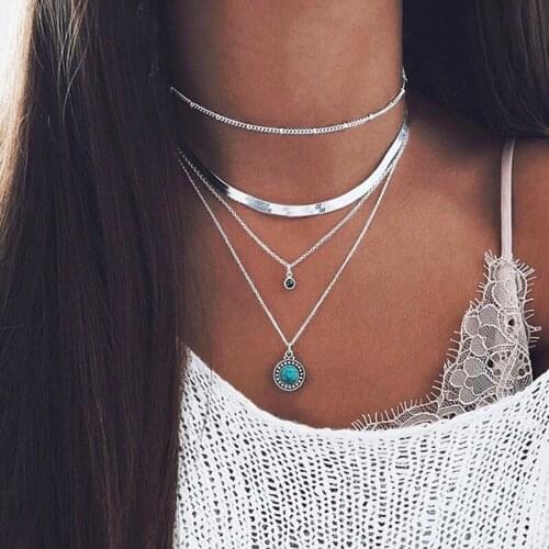 Bohemian Water Drop Round Pendant Necklace for Women Vintage Multilayer Blade Chain Geometric Clavicle Necklace Jewelry YN1539