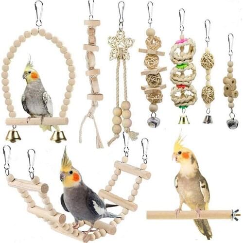 Wooden Parrot Stand Perch Bird Toy Combo Set Bird Cage Accessory Bird Stair Swing Stand Stick Parrot Toy