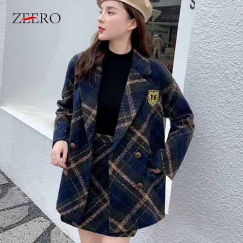 Autumn Winter Warm Wool Tweed 2 Piece Set Woman Plaid Double Breasted Long Sleeve Blazer Jacket + High Waist Mini Skirt Suit