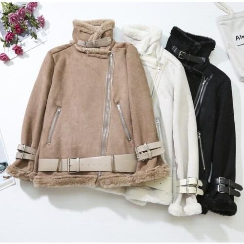 Winter Suede Jackets Women Faux Rabbit Fur Casual Jacket With Belts Thick Warm Lambwool Coat Lady Oversize Motorcycle Windbreake