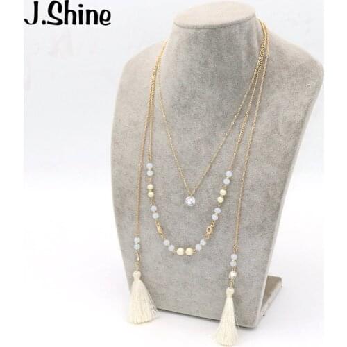 Multi Layered Acrylic Pearl Beads Long Sweater Chain White Tassel Pendant Necklace Women Statement Maxi Necklace Collier Femme