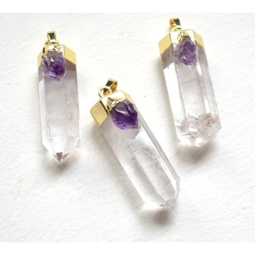 New polished clear quartz crystal terminated point pendant with amethysts Electroplated gold edge