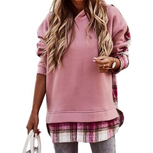 Autumn Winter Women Plaid Patchwork Hooded Sweatshirt Long Sleeve Loose Hoodie