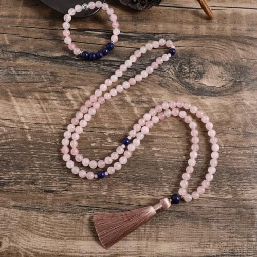 8mm Natural Rose Quartz Lapis Lazuli Necklace Sets 108 Beaded Japa Mala Love Jewelry Meditation Yoga Blessing Women Holiday Gift