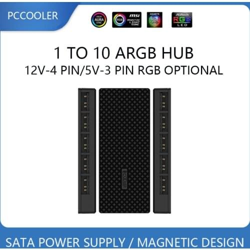 Pccooler 1 To 10 RGB Multi Way Splitter 5V/3PIN and 12V/4PIN Computer Case Fan expansion box Hub Adapter SATA power supply