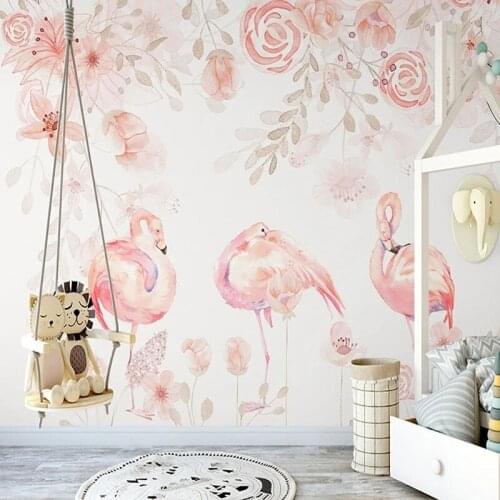 Custom Photo Wallpaper 3D Hand Painted Nordic Pink Flamingo Indoor Background Wall Mural Childrens Bedroom Papel De Parede 3 D