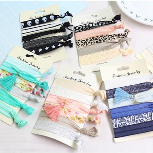 6 Pcs/Set Fashion New 2018 Women Printed Lace Flat Stars Hair Ties Elastic Hair Bands Accessories Korean Style Female