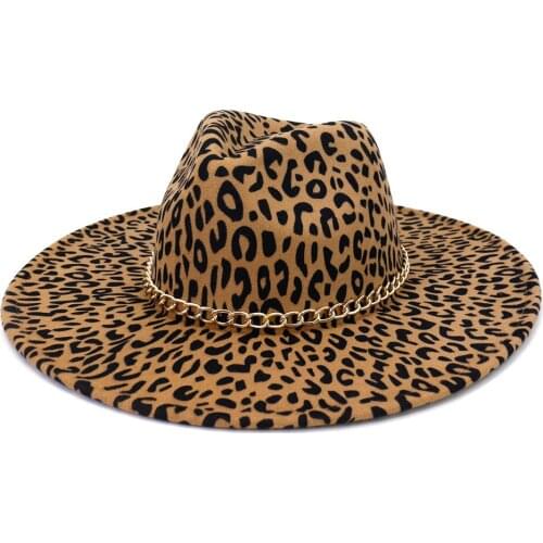 9.5CM leopard print big brim fedora hat unisex autumn and winter peach heart top chain jazz top hat fashion warm panama hat