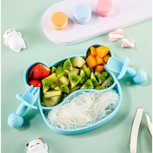 Baby Bear Silicone Tableware Dishes Plate Spoon Fork Solid Food Sucker Self Feeding for Kids Children Microwave Creative Gift
