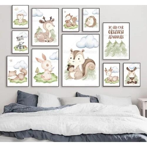 Modern Watercolor Painting Animal Fox Bear Deer Raccoon Rabbit Hedgehog Nordic Decorative Poster Print Wall Art Canvas Painting