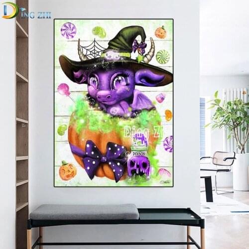 Rhinestone Painting DIY Diamond Painting Cartoon Purple Dragon Fairy Embroidery 5d Mosaic Pumpkin Cross Stitch Halloween Decor