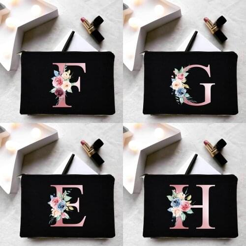 Fashion Floral Alphabet Letters Makeup Pouch Beauty Women Cosmetic Bag Toiletry Storage Bags Black Lipstick Bag Funny Cute Purse