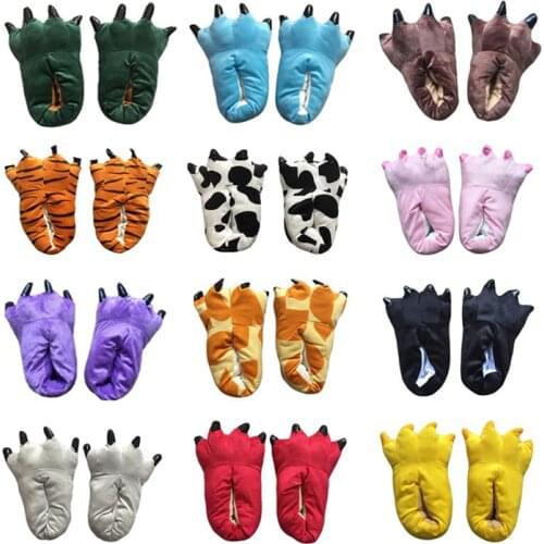 Animal Slippers For Kids Adults Kigurumi Winter Warm Cartoon Pajama Shoes Cartoon Dinosaur Giraffe Cow Tiger Onesie Paw Slippers