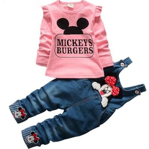 Spring Autumn Baby Girls Minnie Clothing Set Toddler Long Sleeve Blouse + Denim Overalls Jeans Pants Kids Clothes Set Suit