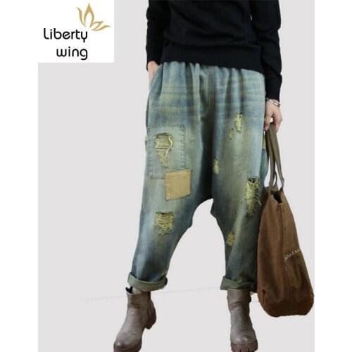 Femme Vintage Hip Hop Loose Fit Casual Baggy Jeans Blue Denim Cotton Cross-pants Hole Rip Wide Leg Harem Pants Women Trousers