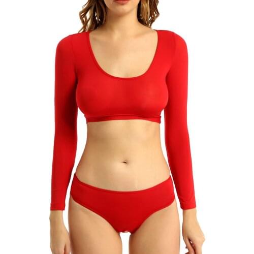 Womens Ladies Cover Exotic Swimwear Lingerie Sets Sexy Parties Transparent Long Sleeve Crop Top with Crotchless Sissy Briefs
