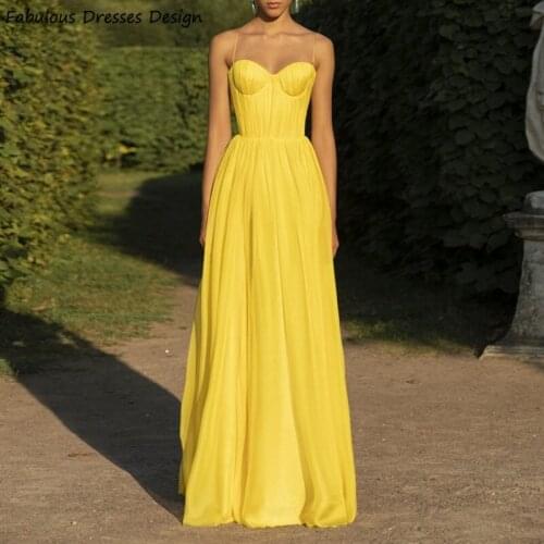 Yellow A Line Prom Dresses Sexy Backless Spaghetti Strap Pleat Sweetheart Neck Evening Party Gown For Women Vestidos de cocktail