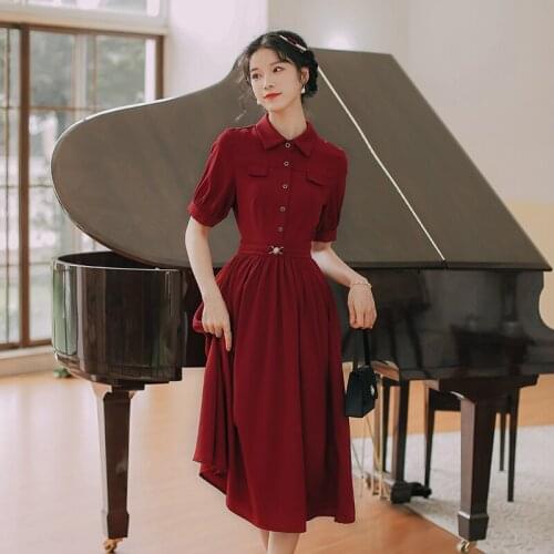 French Temperament Lapel Dress Women 2021 Summer New Korean Fashion Casual Chic Ladies Red Vintage Short Sleeve Dresses