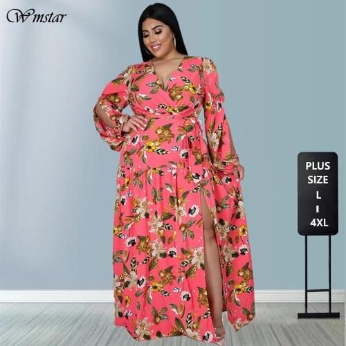 Plus Size Dresses Fall Clothes for Women Elegant High Waist with Belt Print Maxi Dress High Streetwear Wholesale Dropshipping