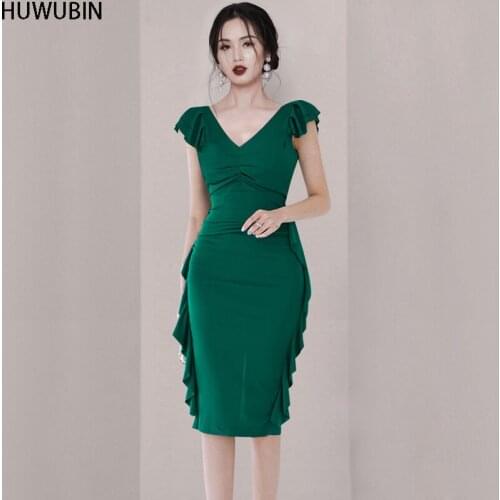 2021 Summer New Korean Womens High-End Temperament Chic V-Neck Ruffle Slim Sexy Fashion Avant-Garde Bag Hip Elegant Dress