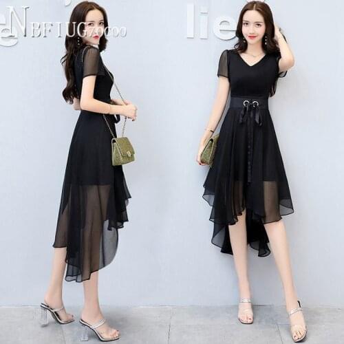 2020 New Irregular Women Chiffon Dress Short Sleeve Slim Waist Strap Female Dresses