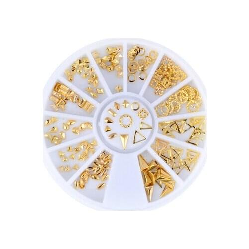 100pcs Gold Rivet Studs 3D Nail Decoration Oval Circle Square Triangle Hollow Frame Mixed woman DIY Decoration in Wheel