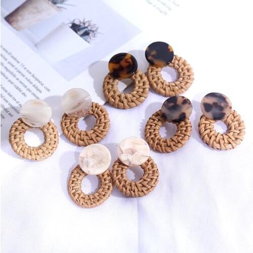 2021 Summer Fashion Hand-weave Rattan Hollow Round Dangle Earrings Geometric Acrylic Statement Drop Earring Jewelry For Women