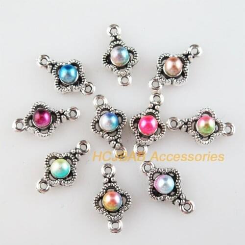 30Pcs Tibetan Silver Tone Flower Mixed Acrylic Clover Charms Connectors 8x14.5mm