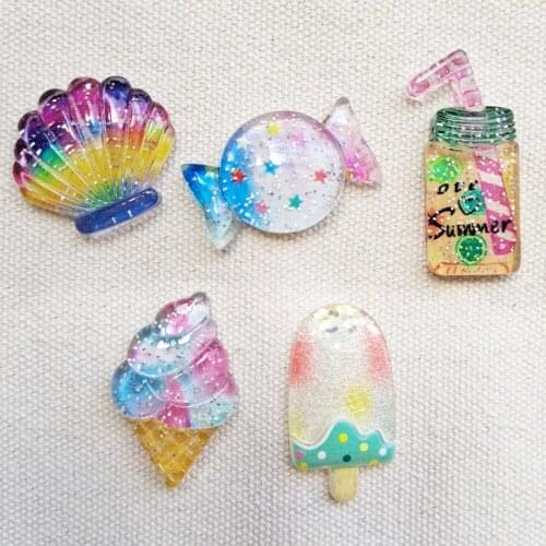 50pcs 5 Styles Mix Shell Ice Cream Candy Drink Flatback Planar Resin Cabochon DIY Crafts Embellishments for Hair Bow Centers