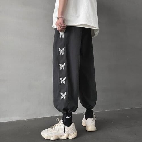 Woman Man Elastic Waist High Streetwear Butterfly Print Loose Straight Cotton Cute Pant ribbon Harajuku Workout Gothic Korean