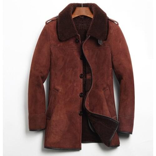 Denny&Dora Mens Leather Imported Lamb Wool Long Style Lapel Coat Thick Warmth