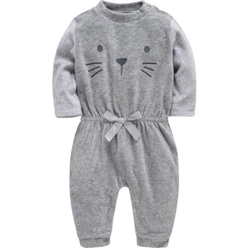 Kavkas Clothes For Children Winter Grey Cat Face Printing Flannelette Jumpsuit Rompers Playsuits barboteuse bébé garçon
