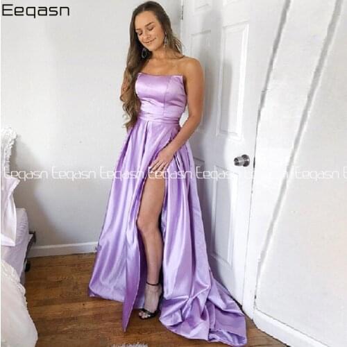 Eeqasn Lavender A Line Prom Dresses Strapless Backless Side Slit Satin Party Wear Custom Made Floor Length Ruffle Princess Gown